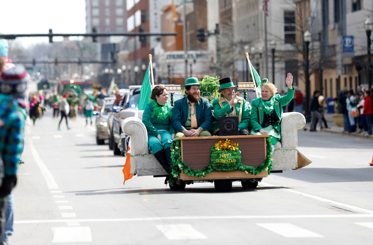 People on a float during the St. Patrick's Day Parade