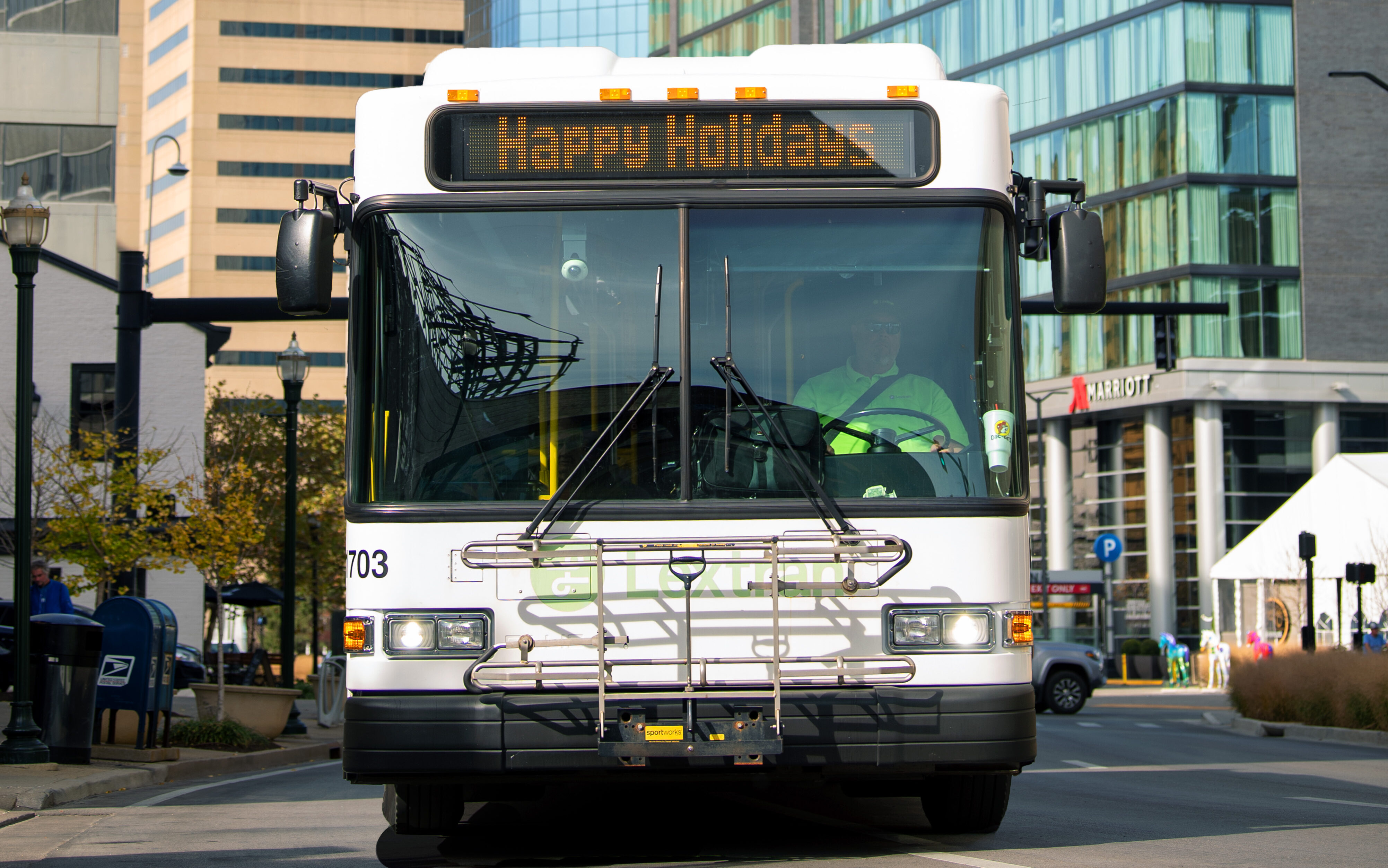 Happy Holidays! sign on a Lextran Bus