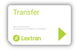 Image of a Lextran bus pass transfer ticket. The ticket displays the Lextran logo in the top left corner, followed by Lextran's contact information and the phrase "NO REFUNDS, REPLACEMENTS, OR EXCHANGES".