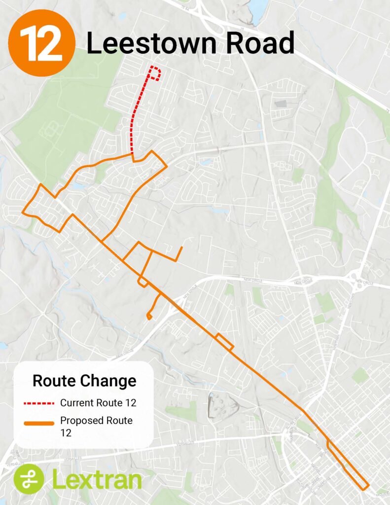 A map of Route 12 - Leestown Rd. that shows the current route and the proposed route. 